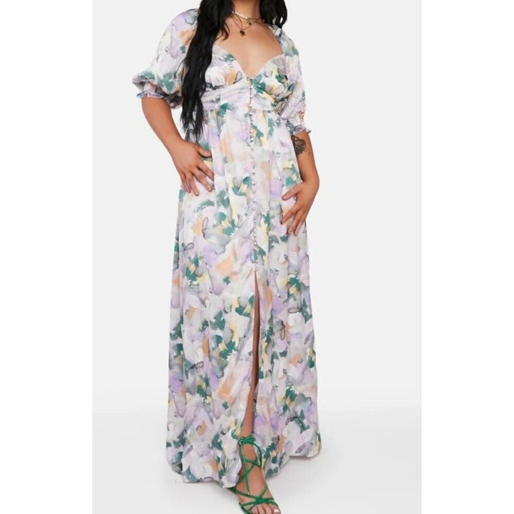 For Love & Lemons Dress Sz XL Purple Floral Maxi Puff Sleeve Boho southwestern